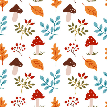 Autumn leaves, mushrooms and red berries. Seamless pattern. Can be used for web page background fill, surface textureのイラスト素材