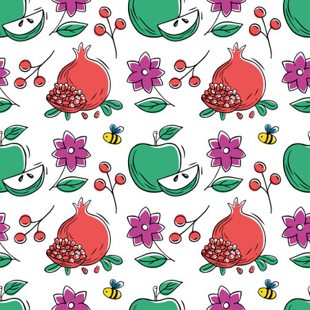 Pomegranate fruits, apples, berries and flowers. Seamless pattern. Hand drawn doodle fruits repeating background. Vector illustrationのイラスト素材