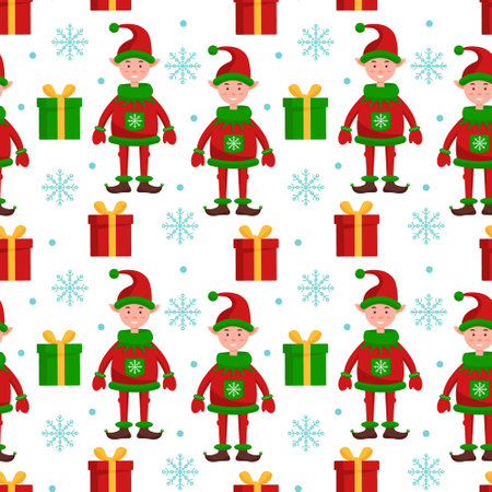 Gnome with gift boxes and snowflakes. Seamless pattern. Can be used for web page background fill, surface textureのイラスト素材