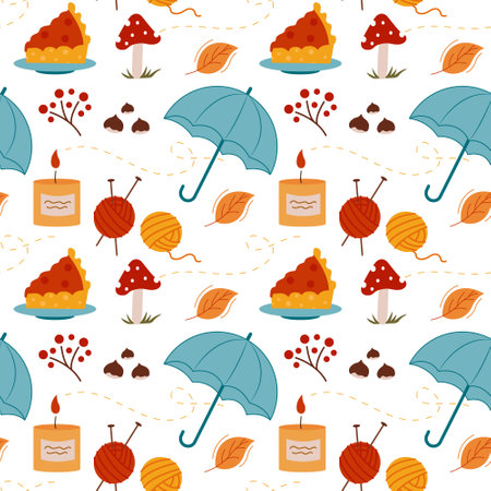 Fall season cozy attributes. Autumn accessories and leaves. Seamless pattern. Can be used for web page background fill, surface textureのイラスト素材