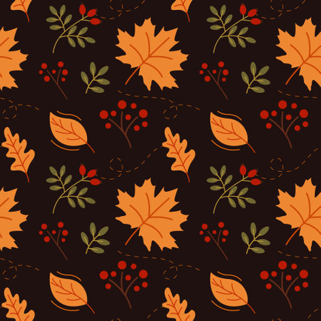 Autumn leaves and red berries on a dark background. Seamless pattern. Can be used for web page background fill, surface textureのイラスト素材