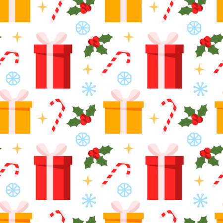 Gift boxes, sweets and snowflakes on a white background. Seamless pattern for Christmas, New Year's Day, Winter Holidays. Background for gift wrapping paper, textilleのイラスト素材
