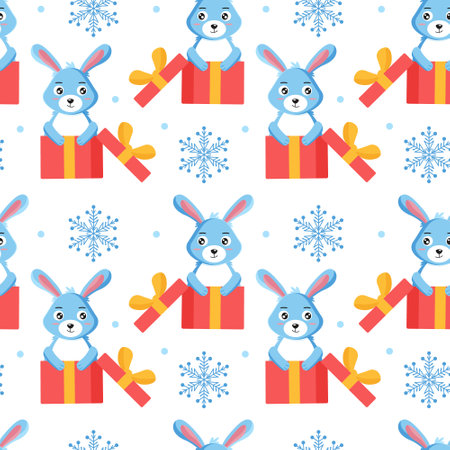 Rabbit sitting in a gift box and snowflakes around. Seamless pattern. Can be used for web page background fill, surface textureのイラスト素材