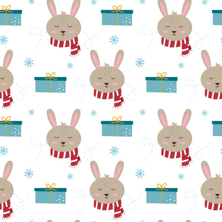 Little rabbit in a red scarf and with a gift box. Seamless pattern. Can be used for web page background fill, surface textureのイラスト素材