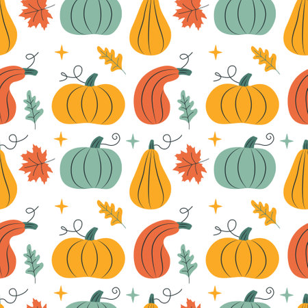Cute colored pumpkins with autumn leaves. Seamless pattern. Can be used for web page background fill, surface textureのイラスト素材