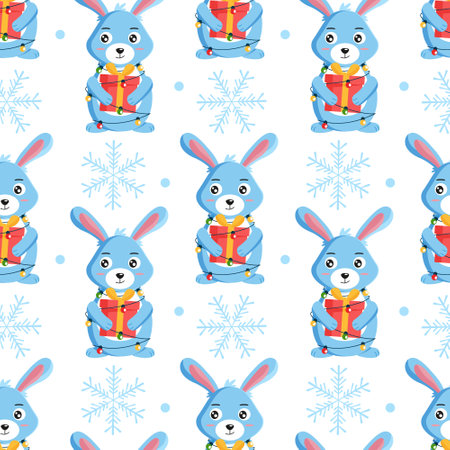 Rabbit with gift box and snowflake. Seamless pattern. Can be used for web page background fill, surface textureのイラスト素材