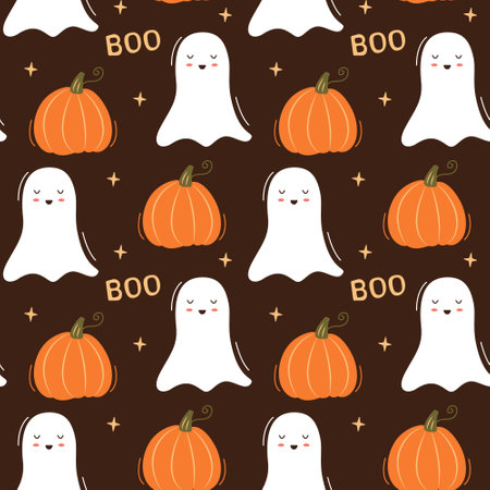 Cute pumpkin and ghost on dark brown background. Halloween themed pattern. Seamless pattern. Can be used for web page background fill, surface textureのイラスト素材