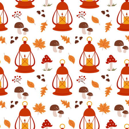 Autumn pattern with forest mushrooms, lantern and autumn leaves on a white background. Seamless pattern. Can be used for web page background fill, surface textureのイラスト素材