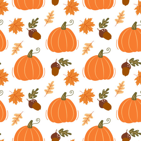 Autumn leaves, pumpkin and acorns. Seamless pattern. Can be used for web page background fill, surface textureのイラスト素材
