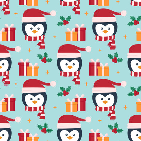 Christmas pattern with cute penguins and gift boxes. Festive background. Seamless pattern. Can be used for web page background fill, surface textureのイラスト素材