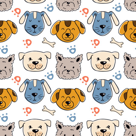 Cute dog faces in doodle style. Seamless pattern. Can be used for web page background fill, surface textureのイラスト素材