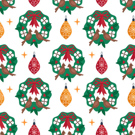 Christmas wreath with festive decorations. Seamless pattern. Can be used for web page background fill, surface textureのイラスト素材