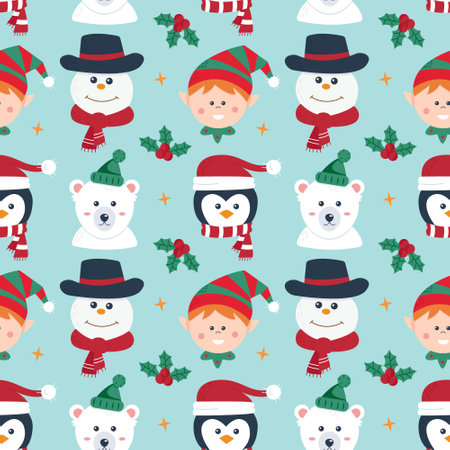 Cute winter characters. Penguin, gnome, snowman, polar bear. Seamless pattern. Can be used for web page background fill, surface textureのイラスト素材