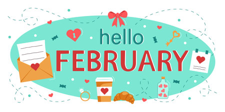 Hello February. Greeting card with a theme for Saint Valentine's Day. An envelope with a letter and hearts. Design for printing a greeting card, banner, poster. Vector illustrationのイラスト素材
