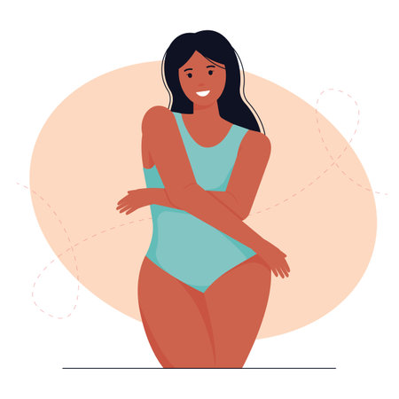 Woman in a swimsuit. A woman who loves her body. Body positive concept. Attractive full model. Vector illustrationのイラスト素材