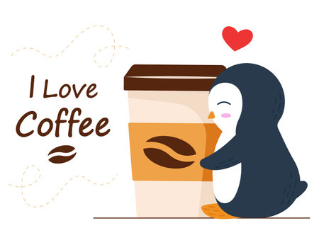 Penguin hugs a cup of coffee, cartoon character. The inscription I love coffee. Vector illustrationのイラスト素材