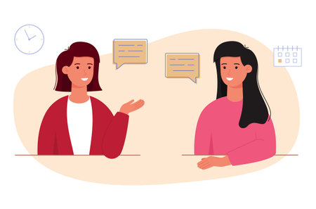 Two women are talking to each other. Female characters chat and discuss news. Friends conduct a dialogue about their affairs and hobbies. Speech bubble. Vector illustrationのイラスト素材