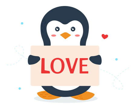 Cute penguin is holding a poster with the inscription love. Penguin in love. For romantic prints, valentines. Vector illustrationのイラスト素材