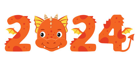 Symbol of the new year 2024. Cute cartoon dragon and numbers. Vector illustrationのイラスト素材