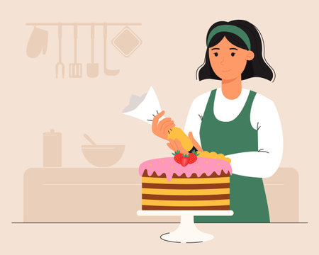 Girl decorates a cake in the kitchen. The confectioner wants to bake a cake. Hobby. Vector illustrationのイラスト素材