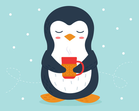 Cute penguin is holding a cup of hot drink. Cartoon design for children's t-shirts or greeting cards. Vector illustrationのイラスト素材