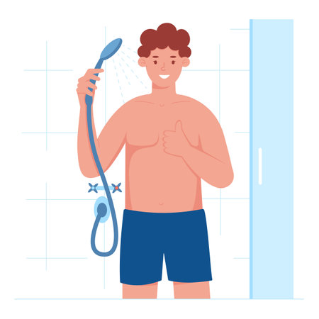 Man takes a shower in the bathroom. Happy guy takes a contrast shower. Methods of hardening one's health. Bath morning hygiene procedure. Vector illustrationのイラスト素材