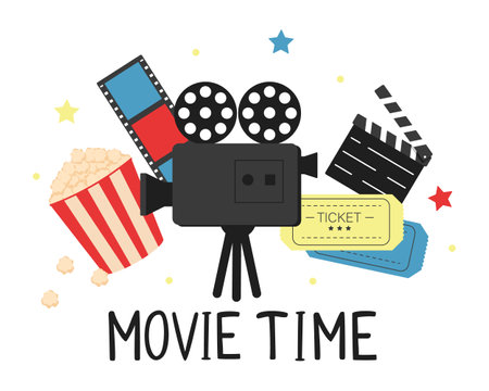 Movie time poster design template. Popcorn, filmstrip, clapper, tickets. Movie time background banner. Vector illustrationのイラスト素材