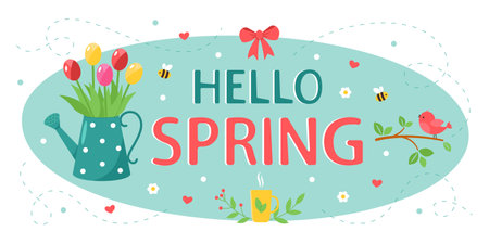 Hello spring. Greeting card with a spring theme. Cute birds on a branch and bees with flowers. Design for printing a calendar, postcard, banner. Vector illustrationのイラスト素材
