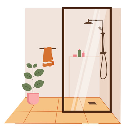 Glass shower cabin, bathroom interior design. Bath cabinet, a towel on a hanger, a plant in a pot. Vector illustration in flat cartoon styleのイラスト素材