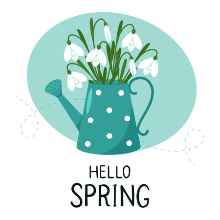 Snowdrops in a watering can. Spring bouquet. Gardening illustration. Vector illustration for postcardのイラスト素材