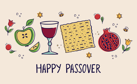 Passover card for the Jewish holiday. Template for your design with matzah, glass of wine, pomegranate and apple fruits, spring flowers. Happy Passover inscription. Vectorのイラスト素材