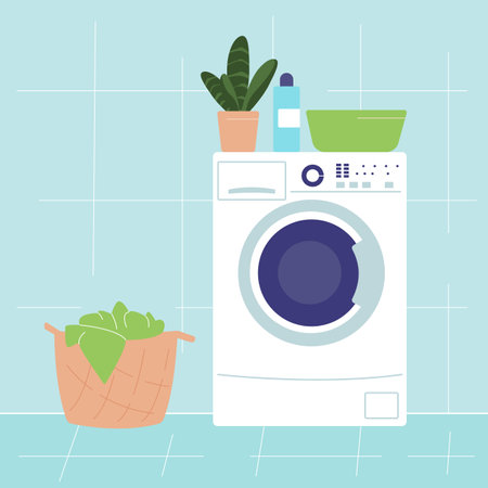 Laundry illustration. Working washing machine with laundry baskets and detergent. Vector illustrationのイラスト素材