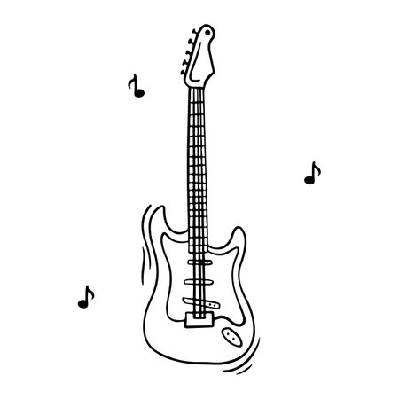 Hand drawn doodle of guitar. String plucked musical instrument. Blues or rock equipment. Sketch of guitar with notes isolated on white background. Vector illustrationのイラスト素材
