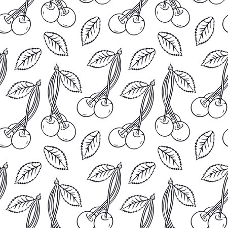 Cherries and leaves on a white background. Seamless pattern. Can be used for pattern fills, web page background, surface texturesのイラスト素材