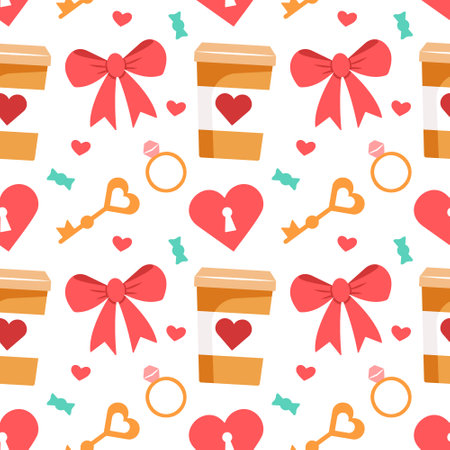 Valentine's Day seamless pattern with heart, cup of coffee, wedding ring with diamond, bow and key. Design for wrapping paper, card backgroundのイラスト素材