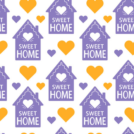 Cute house with a heart and the inscription sweet home. Seamless pattern. Can be used for web page background fill, surface textureのイラスト素材