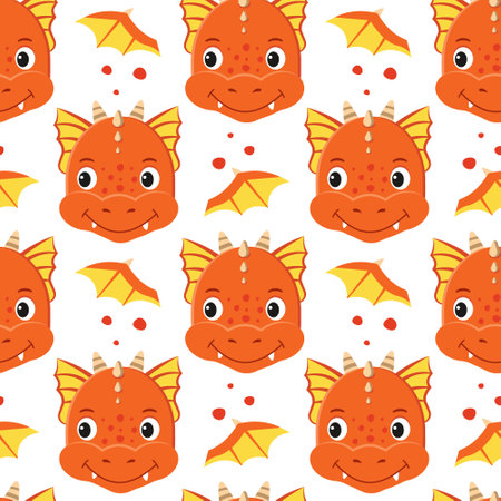 Pattern with a cute dragon. Kids background with funny fairy animals print. Endless backdrop design. Vector illustrationのイラスト素材