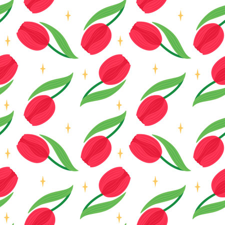Red tulips. Decorative spring flowers. Seamless pattern. Can be used to fill web page background, textile, wrapping paper. Vectorのイラスト素材