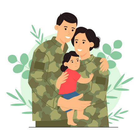 Happy family. Man and a woman hold their child in their arms. Woman and a man in military uniform. A family of military personnel. Vector illustrationのイラスト素材
