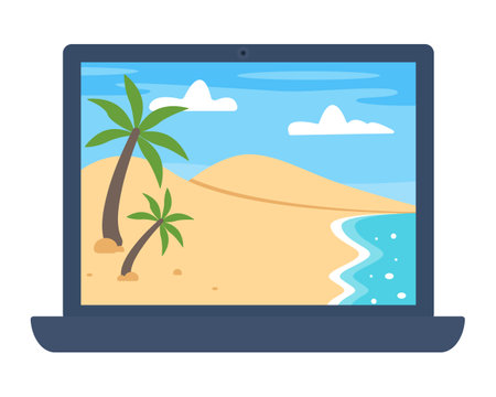 Laptop with summer beach on screen. Vector illustrationのイラスト素材