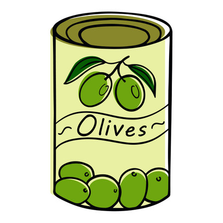 Canned olives in a jar in doodle style. Color illustration of food product olives in sketch style. Vectorのイラスト素材