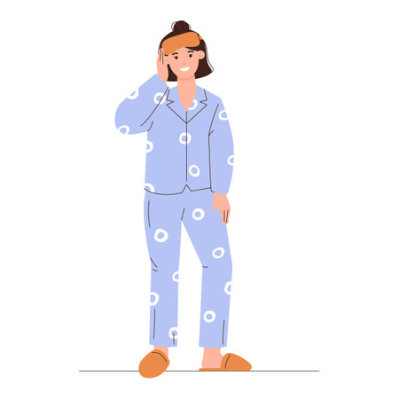 Young woman wears cozy home clothes. Cute girl in comfortable pajamas, nightgown, sleepwear. Vector illustrationのイラスト素材