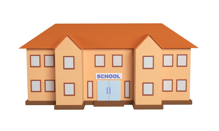 3d school building on white background. Cartoon drawing of school facade or exterior design. 3d renderingの写真素材