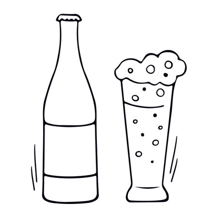 Bottle and glass of beer icon in doodle style. Beer and pub, bar symbol. Vector illustrationのイラスト素材