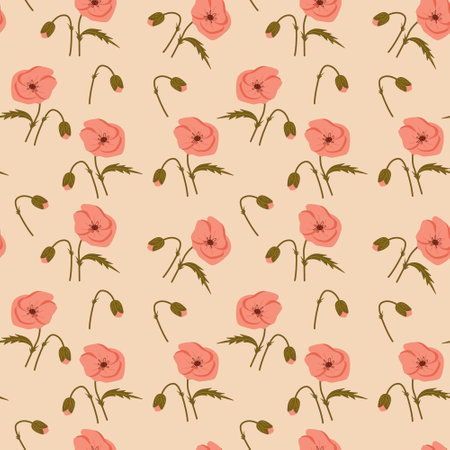 Red poppies. Seamless floral pattern with flowers. Summer vector illustration for printing textile, fabric, wrapping paperのイラスト素材