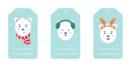 Cute polar bear characters in holiday clothes. Design template for tags or labels Merry Christmas and New Year. Vector illustrationのイラスト素材