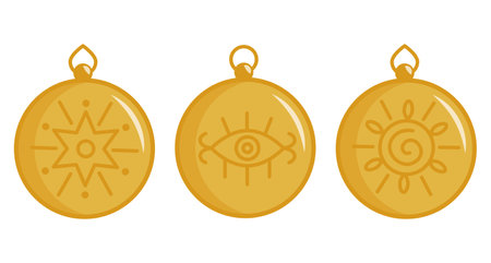 Collection of round pendants or talismans. Gold pendants isolated on white background. Vector illustration.のイラスト素材