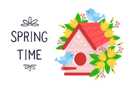 Spring bird house with birds, cute flowers and leaves. Vector illustrationのイラスト素材