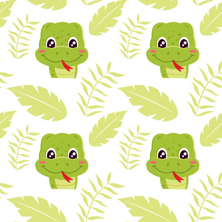 Cartoon green snake in tropical leaves. Seamless pattern. Can be used for web page background fill,...