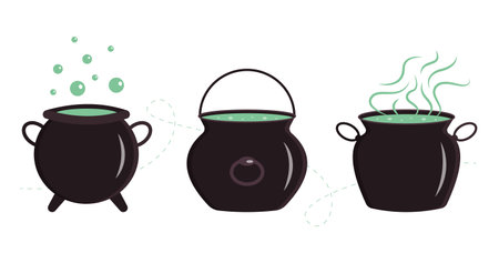 Set of magic cauldrons with potions. Halloween elements for decor. Vector illustrationのイラスト素材